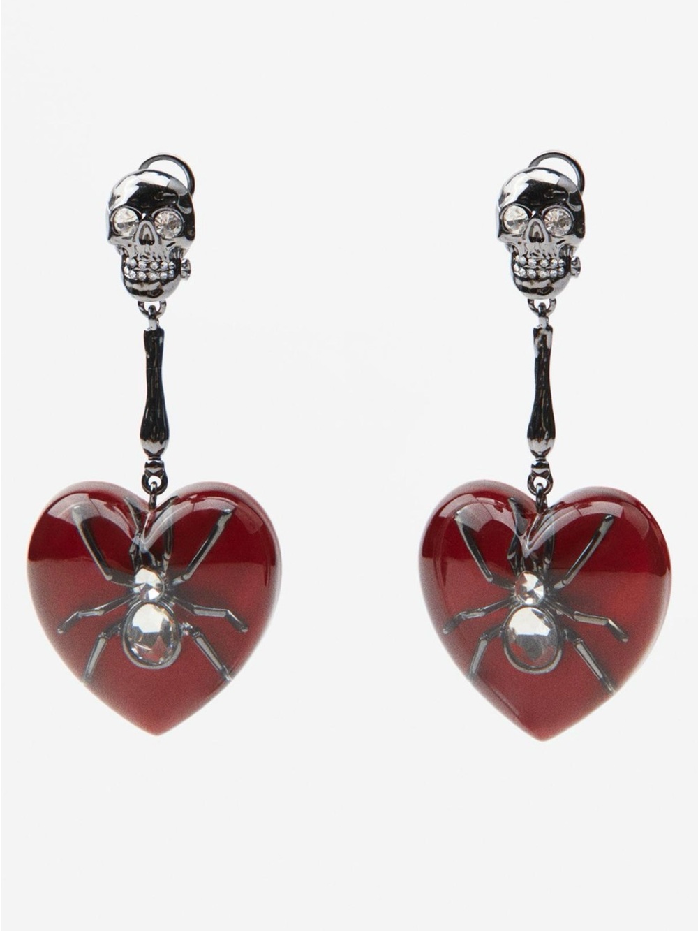 ZARA Red Heart Drop Set of Earrings/Ring with Gunmetal Skull and Spider Detail